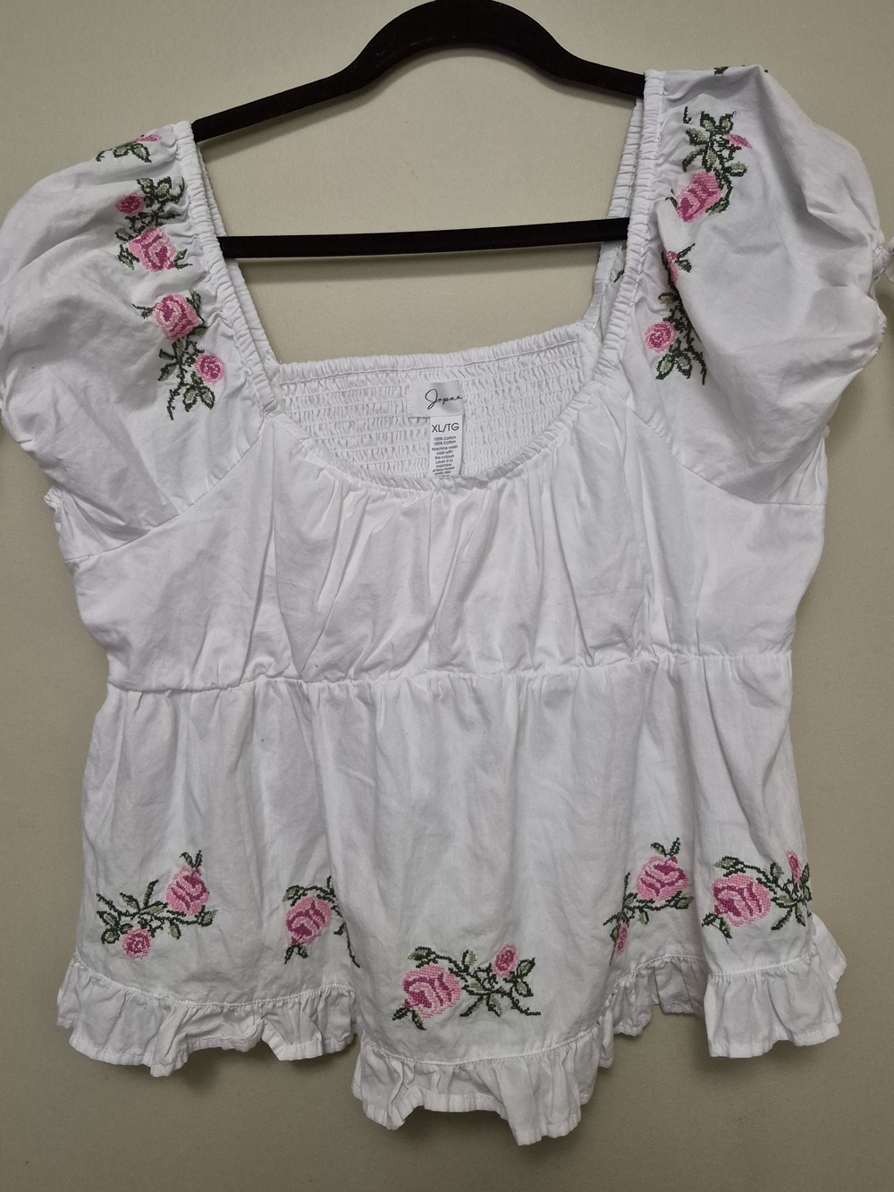 Japna White Peasant Blouse with Pink Rose Embroidery